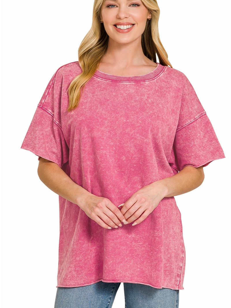 Nib Zenana Acid Wash French Terry Drop Shoulder Raw Edge Top Size S/M Oversized